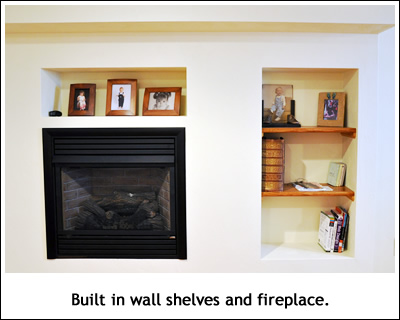 Built in shelves and fireplace